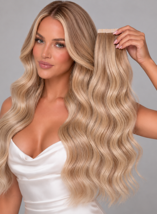 HONEY BLONDE HIGHLIGHT WAVY TAPE HAIR EXTENSIONS