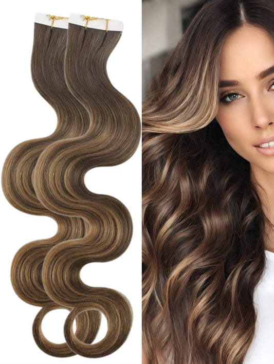 #10/22 BROWN & BLONDE HIGHLIGHT WAVY TAPE HAIR EXTENSIONS