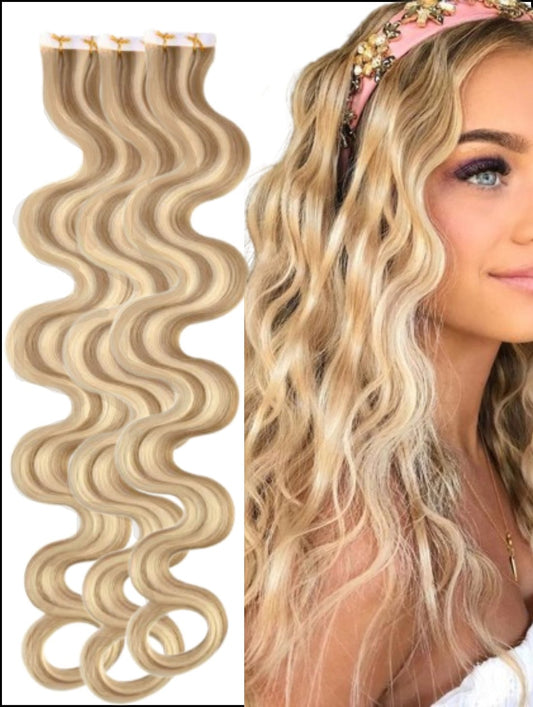 #16/60 BLONDE HIGHLIGHT WAVY TAPE HAIR EXTENSIONS