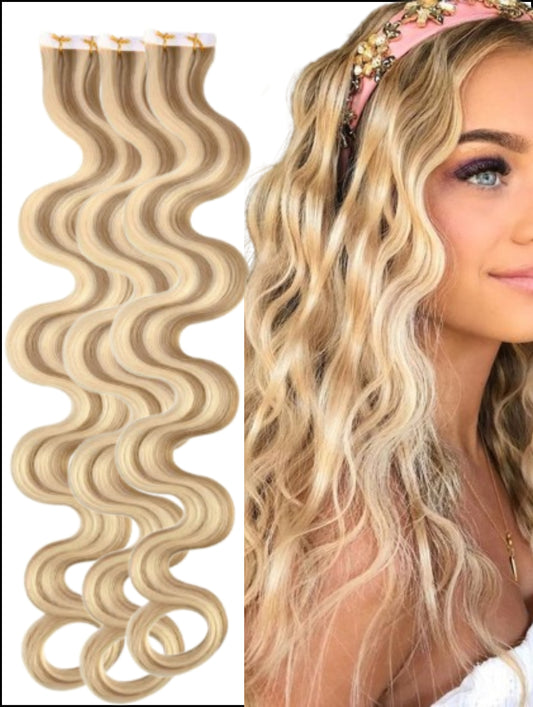 caramel blonde highlight wavy tape hair extensions