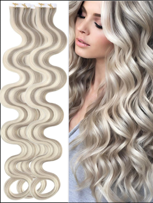 Ash blonde highlight wavy remy tape hair extensions 