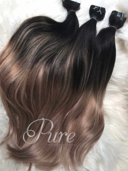 black roots  to light ash brown balayage tape hair extensions 