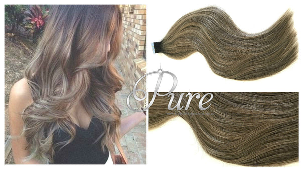 #1B/6/2 "BROWN SUGAR SWIRL" DARK BROWN ROOT STRETCH BALAYAGE / OMBRE TAPE - Pure Tape Hair Extensions 