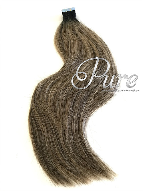 #1B/6/2 "BROWN SUGAR SWIRL" DARK BROWN ROOT STRETCH BALAYAGE / OMBRE TAPE - Pure Tape Hair Extensions 
