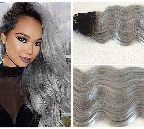Clip-in Black to Grey Short Root - 200 grams Wavey 10 pcs - Pure Tape Hair Extensions 
