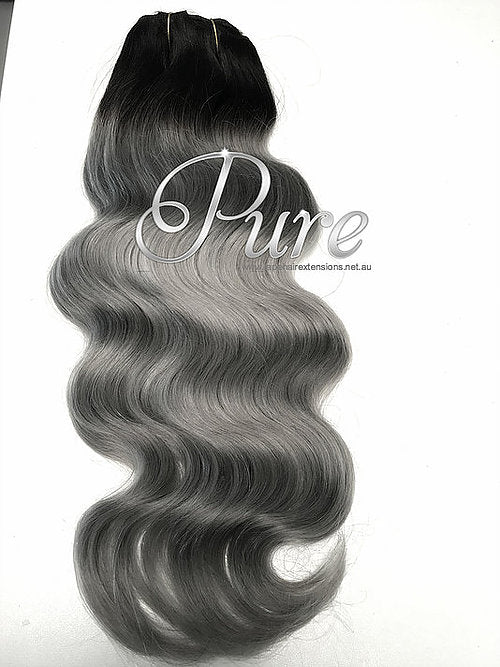 Clip-in Black to Grey Short Root - 200 grams Wavey 10 pcs - Pure Tape Hair Extensions 