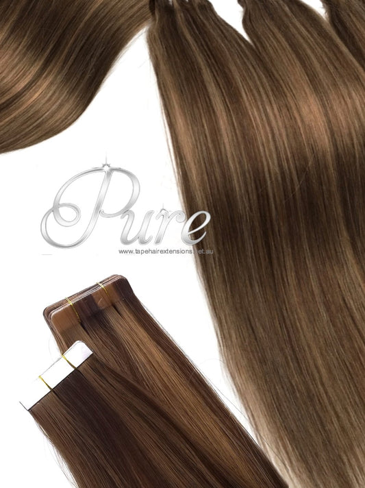 #4/8 - SUGAR & SPICE - MEDIUM BROWN / CARAMEL HIGHLIGHTS / FOILS  - TAPE HAIR EXTENSIONS - Pure Tape Hair Extensions 